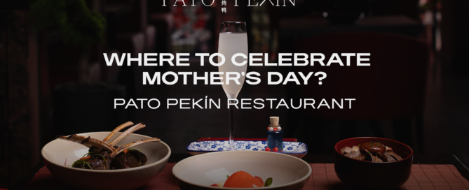 Promotional banner for Pato Pekín Restaurant showing a tall champagne glass centered above plates of Chinese dishes with the headline 'Where to Celebrate Mother's Day?'.