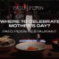 Promotional banner for Pato Pekín Restaurant showing a tall champagne glass centered above plates of Chinese dishes with the headline 'Where to Celebrate Mother's Day?'.