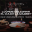 Restaurant banner for Pato Pekín promoting Mother's Day with a tall champagne glass and plated dishes on a dimly lit table, featuring large Spanish text about the celebration.