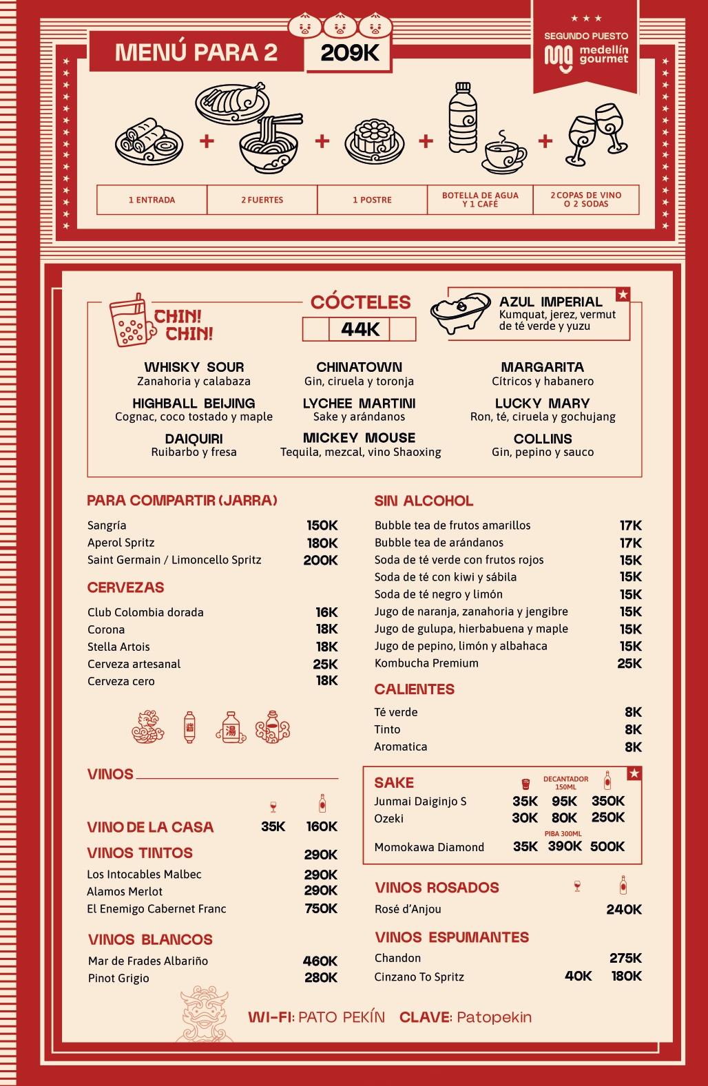 Retro-style restaurant menu poster showing cocktails list with prices, beer and wine sections, and decorative borders.