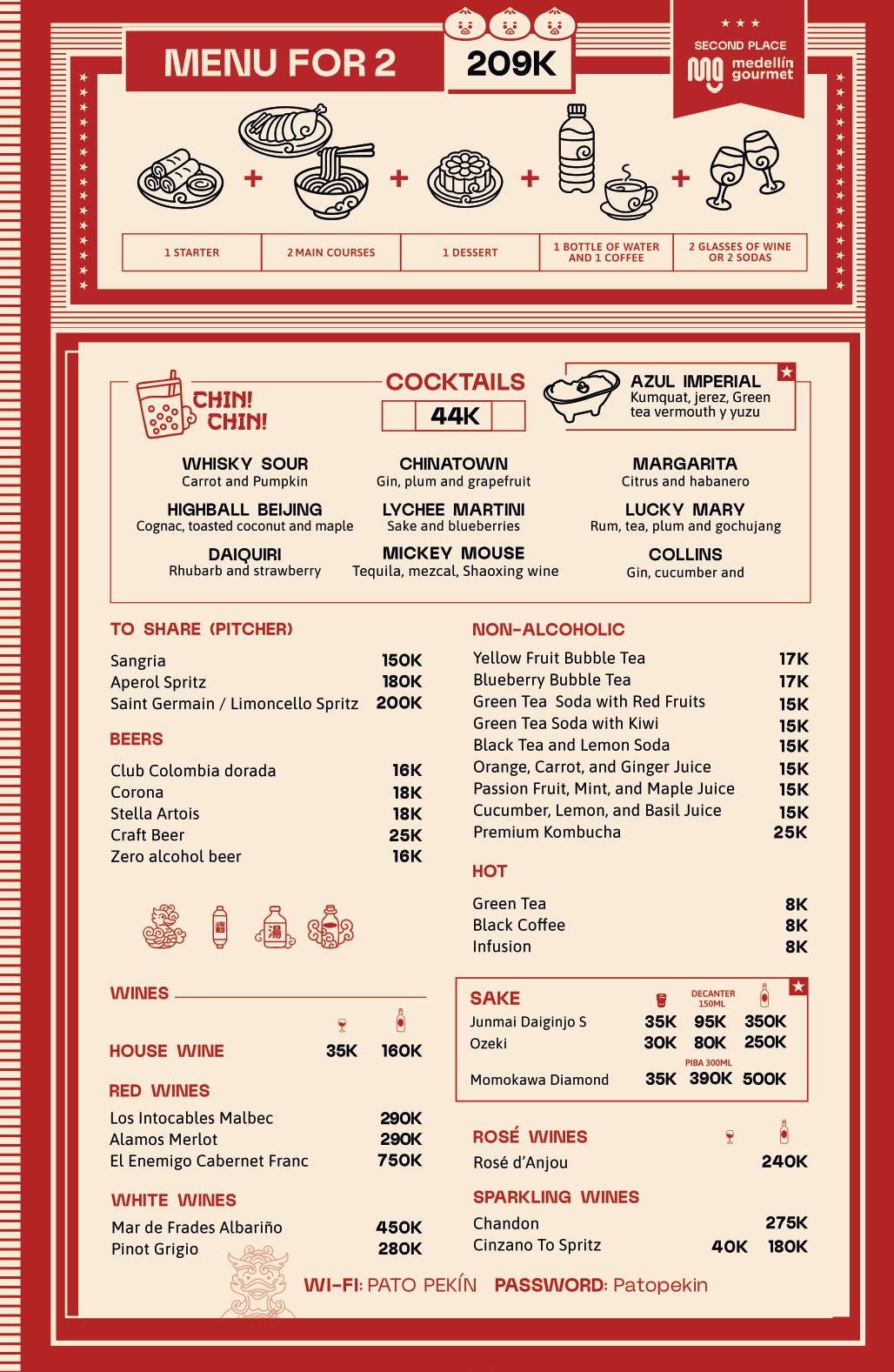 Vintage red menu board featuring sections for cocktails, beers, non-alcoholic drinks, wines and sake on a cream background, with prices listed.
